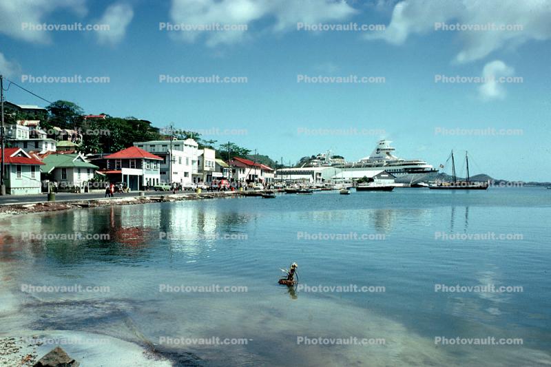 Cruise Ship in Port, harbor, shoreline, coastal, buildings, homes, houses, water, Saint George's