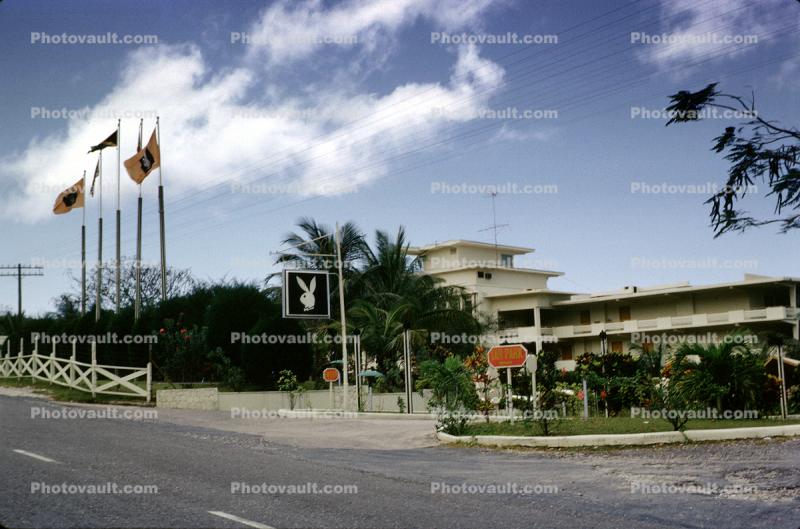 Cayman Playboy Club Resort, building, flags, bunny