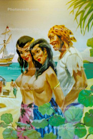 Pirates Cove, buccaneer, Bare Breasted Women painting, Tall Ship, Saint Johns Antigua