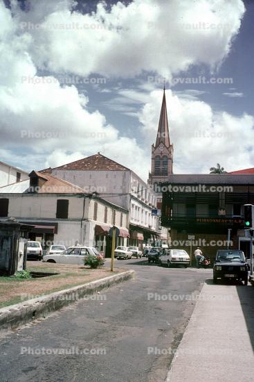 Church Steeple, Shops, cars, street, buildings