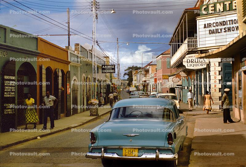 Cars, Shops, Buildings, Road, Street, Hills, buildings, 1950s