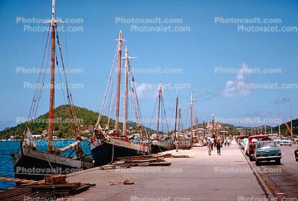 Docks, Tall Sailing Ships, boats, shore, cars, Saint Thomas, April 1967