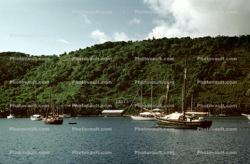 Moored Boats, Coast, Coastline, hills, Harbor, boats, yachting hub, Cay, Tortola Islands, British Virgin Islands