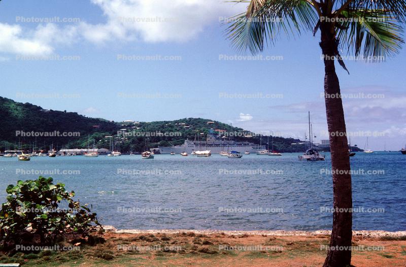 Cruise Ship SS Fairwind, boats, Coast, Coastline, buildings, Saint Thomas Harbor, May 1983