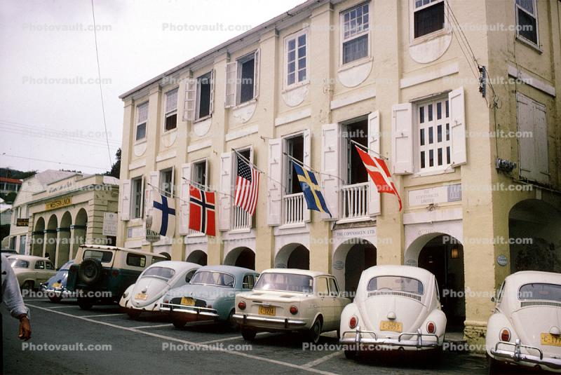 Downtown Saint Croix, Volkswagen Cars, Buildings, Copenhagen Shop, June 1965
