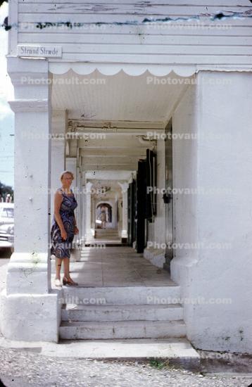 Woman, shops, building, Saint Croix