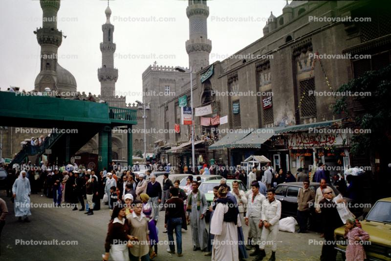 Mosques of Rif'ai and Sultan Hasan, Crowded Street Scene, Buildings, Cars, Minarets, Cairo