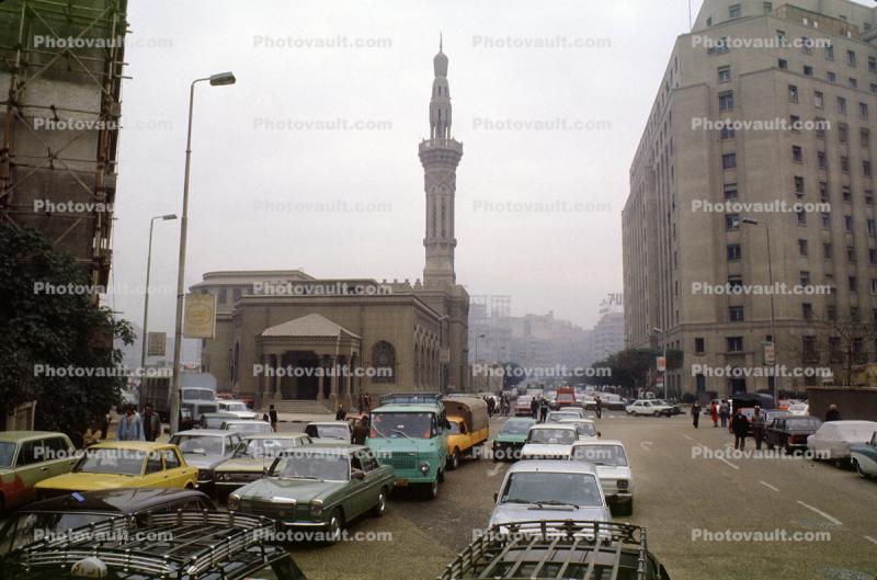 Minaret, Buildings, Traffic Jam, Cars, automobile, vehicles, Crowded Street, Cairo