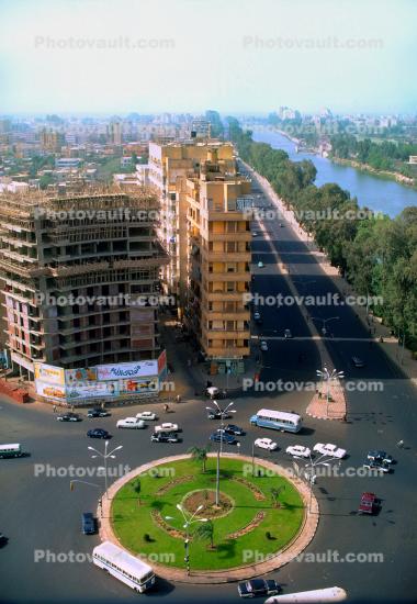 Roundabout, Cairo, river, Cars, Automobiles, Vehicles, buildings, streets