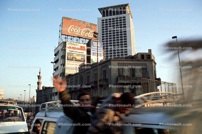 Coca-cola sign, traffic, Minaret, Building, Cairo