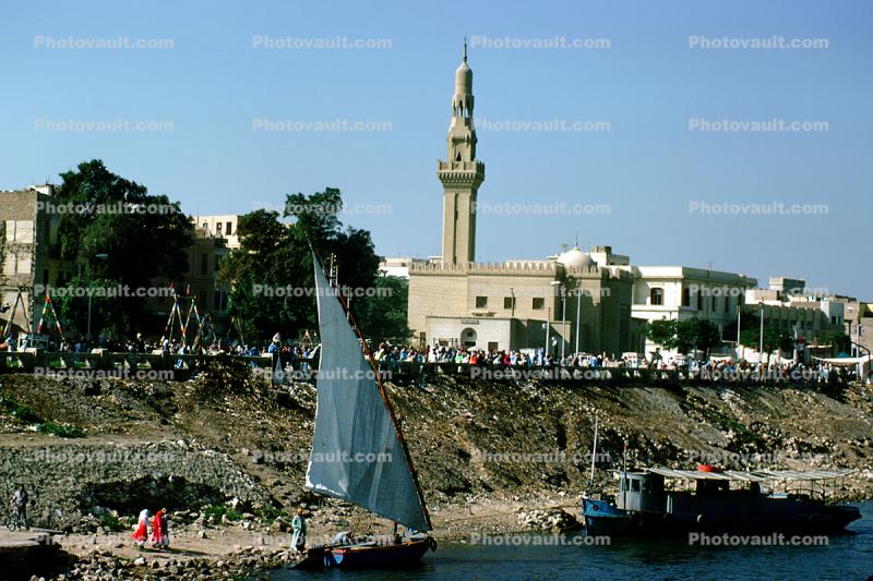Dhow Boat, Lateen sail, Minaret, Mosque, waterfront, building, vessel, Nile River, Minya