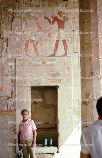 Mortuary Temple of Queen Hatshepsut, Valley of the Kings, wall paintings, figures, pink granite