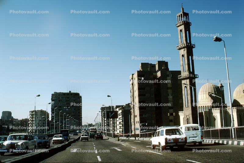 Mosque, Minaret, Tower, Building, Street, cars, Automobiles, Vehicles, Cairo, 1960s