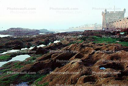 Castle, Seawall, Buildings, Wall, reflection, pond, Essaouira