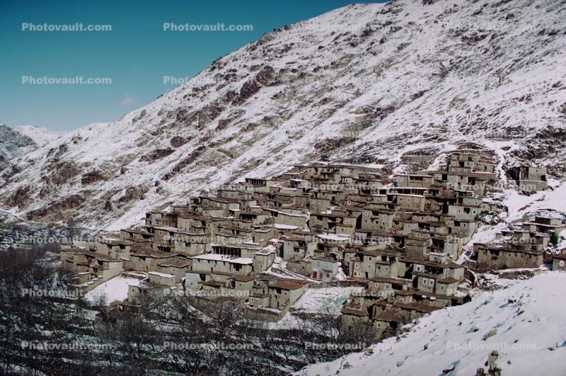 Cliff Dwellings, Cliff-hanging Architecture, Valley, High Atlas Mountains, snow, ice, cold, Maghreb