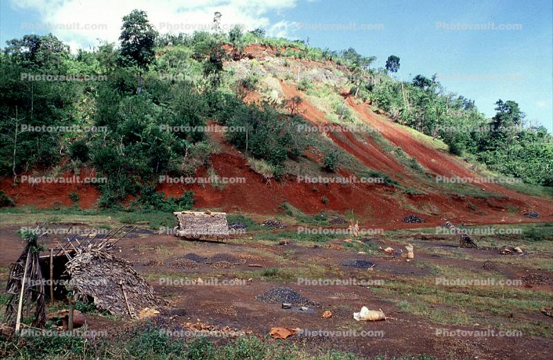 Hill, homes, buildings, red dirt, jungle, trees