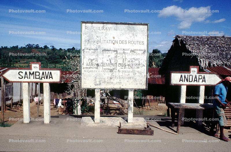 Vohemar, Sambava, signs, billboard, thatched roof house, Sod
