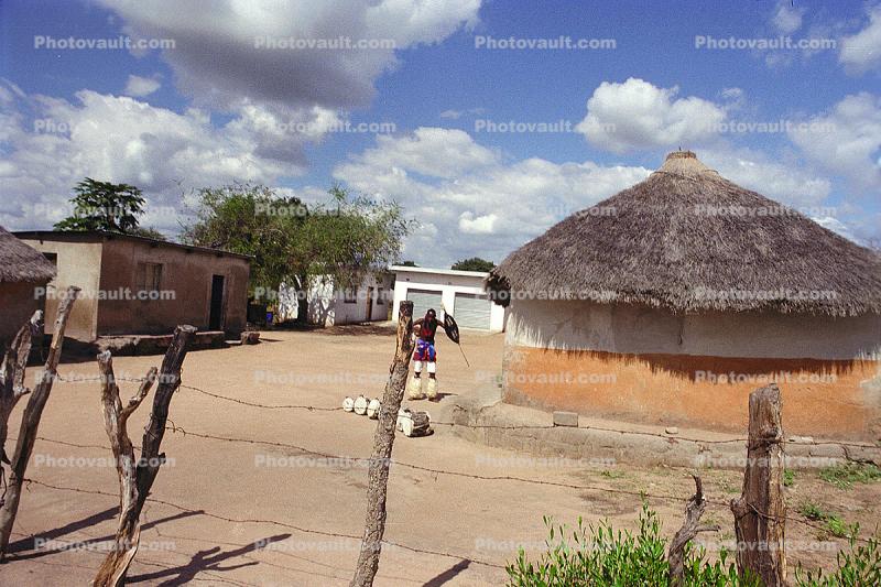 Barbed Wire Fence, Village, Huts, clouds, Thatched Roof House, Home, Grass Roofs, roundhouse, building, Sod