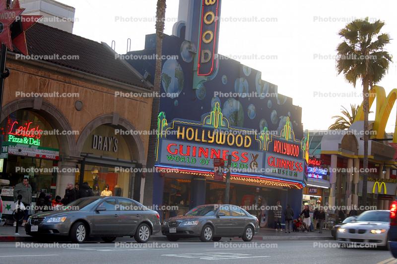 Hollywood Guinness World of Records Museum, neon sign, art deco, Hollywood Movie Theater building, marquee, neon light, cars, marquee