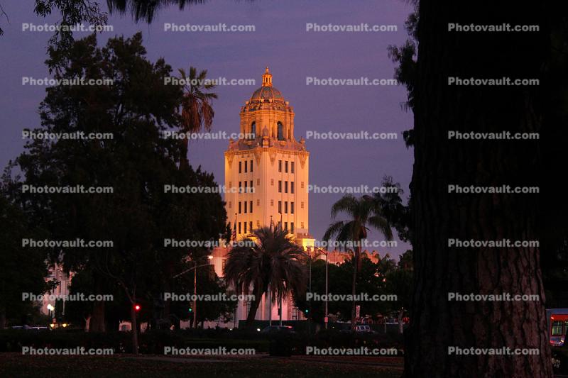 night, nighttime, dusk, Government Building, Beverly Hills City Hall, Tower, landmark
