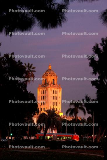 Government Building, Beverly Hills City Hall, Tower, landmark, night, nighttime, dusk