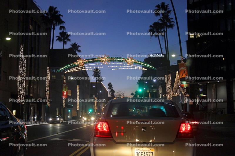 Arch, car, street, night, evening, Rodeo Drive, Cars, automobile, vehicles, nighttime, dusk, Beverly Hills