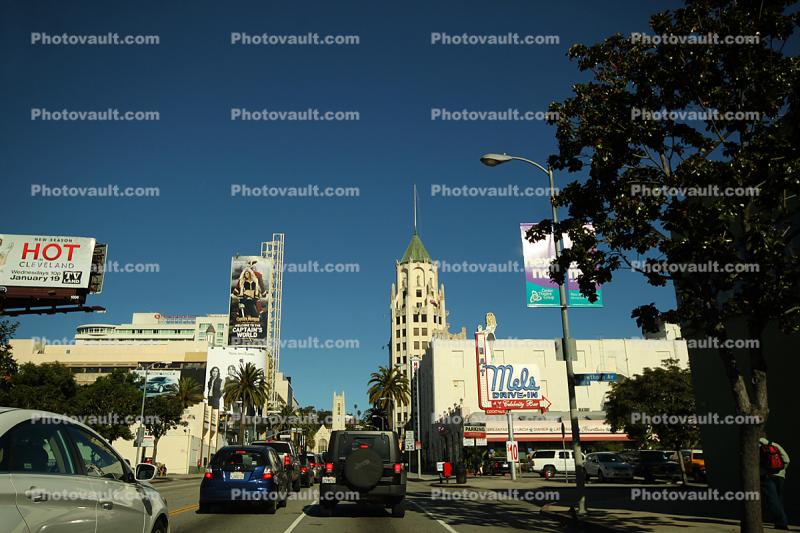 Mels Diner, 6777 Hollywood Blvd, high-rise buildings, Cars, Highland