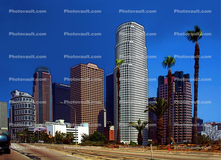 Downtown Los Angeles, skyline, cityscape, highrise, tall buildings, skyscrapers, Abstract