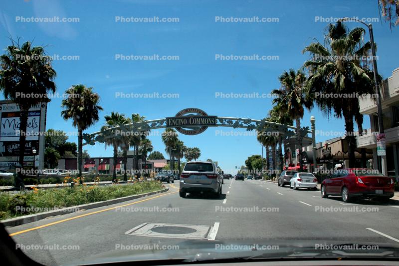 Encino Commons Arch, cars, Ventura Boulevard, Palm trees