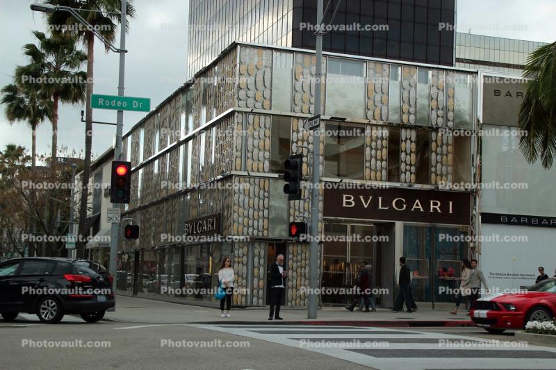 Bvlgari Building, Rodeo Drive, road sign, corner store