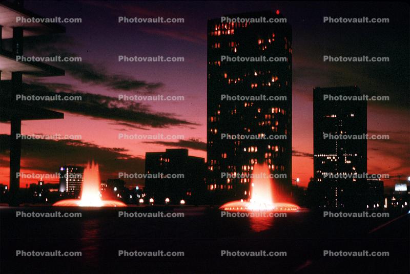 Department of Water and Power, Water Fountain, aquatics, building, high rise, Nighttime, Twilight, Dusk, Dawn, 1970s