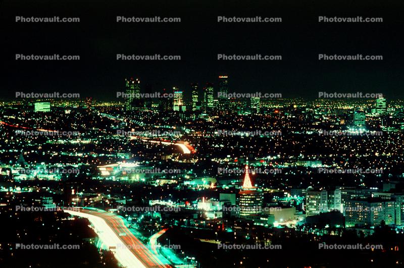 Downtown Los Angeles, Hollywood, Capital Records Building, night, nighttime, freeway