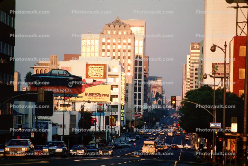 Cars, Avenue, road, street light, billboards, Wilshire Blvd, 1970s