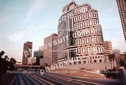 Interstate I-10 freeway, 1000 Wilshire building, Cityscape, skyline, Outdoors, Outside, Exterior, highrise, Wedbush Morgan Securities, commercial office, high-rise