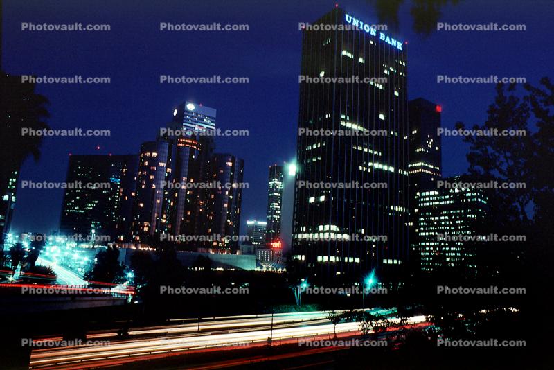 Union Bank Office Building, Interstate I-10 freeway, cityscape, tower, Bonaventure Hotel, night, nighttime, evening