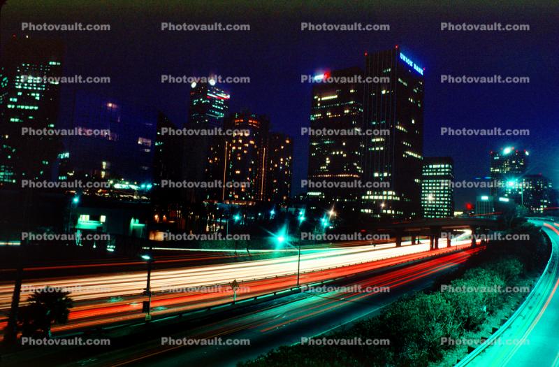 Downtown Los Angeles at night, Interstate Highway I-10, buildings, highrise