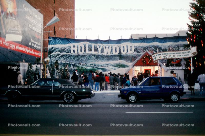 Cars, Hollywood sign, Christmas, people, Scientology