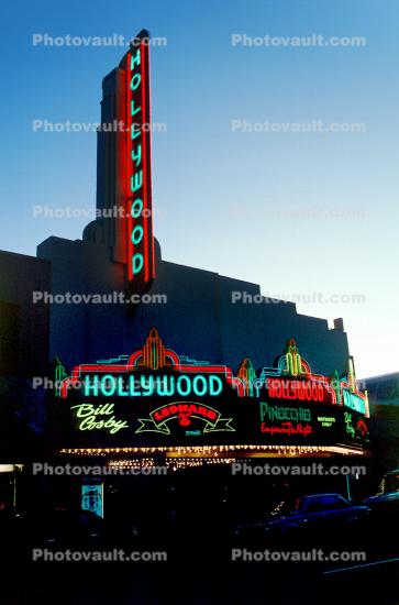 neon sign, Hollywood Movie Theater building, art deco, marquee