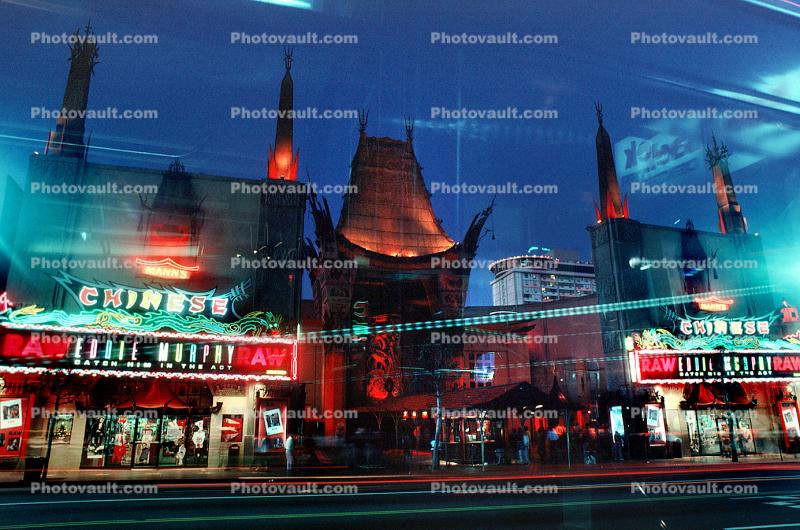 Twilight, Dusk, Dawn, neon sign, cars, Hollywood Boulevard, TCL Chinese Theatre, Cinema Palace