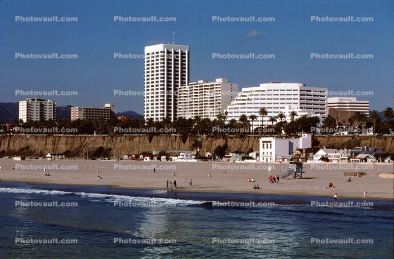 Santa Monica Beach, sand, buildings, bluffs