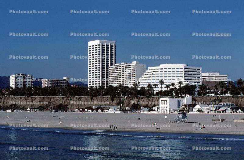 Santa Monica Beach, sand, buildings, bluffs, PCH, Pacific Ocean