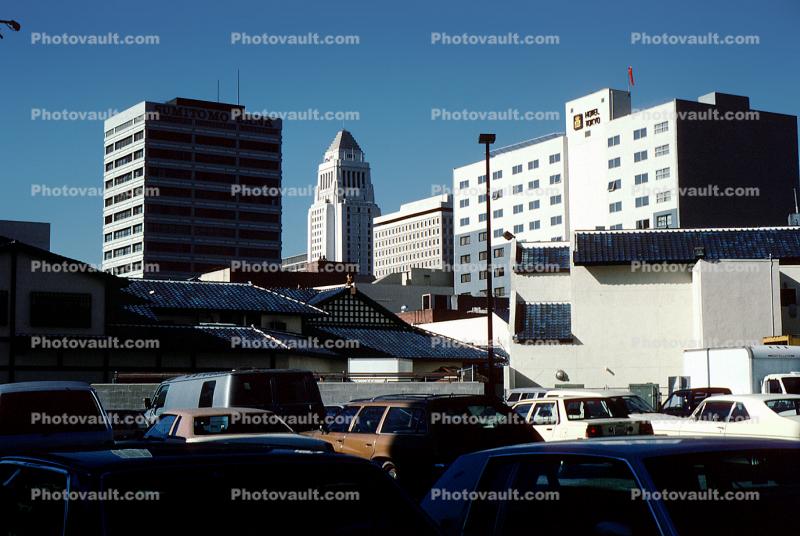 cars, buildings, skyline, Los Angeles City Hall, Government offices, Mayor's Office, cars, 1988