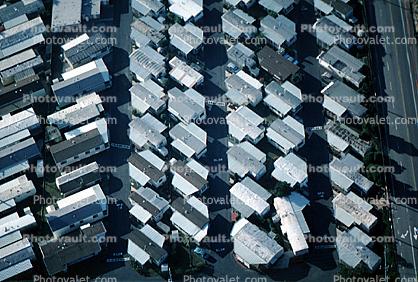 trailer park, grid of homes, houses, building rooftops