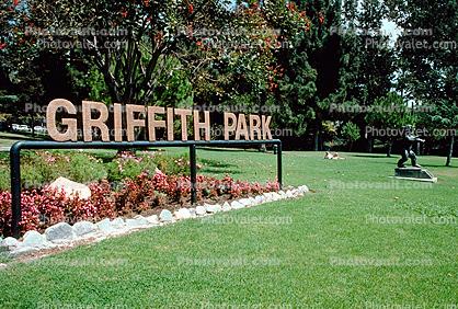 Griffith Park Sign, Signage, grass, lawn, statue