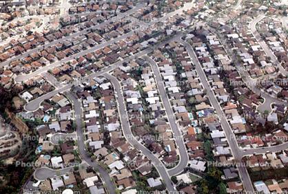 Homes, houses, rooftops, streets, urban neighborhood, buildings