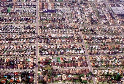 Homes, houses, rooftops, streets, urban neighborhood, buildings