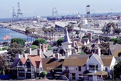 Long Beach Harbor, homes, houses, cranes, church