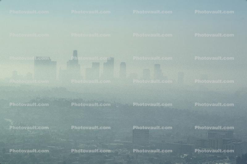 Downtown Buildings, in the early morning smog, skyscraper, cityscape, Exterior, Urban, Metropolis