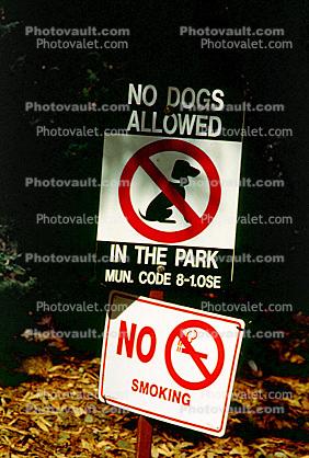 No Dogs Allowed in the Park, signage, No Smoking sign