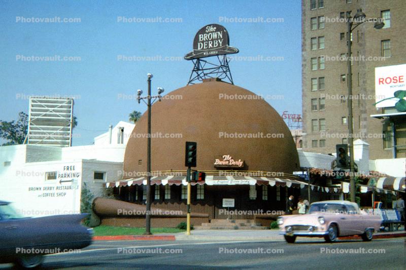 Brown Derby Restaurant, Dome, Unique Building, T-Bird, Car, Automobile, Vehicle, landmark, 1950s